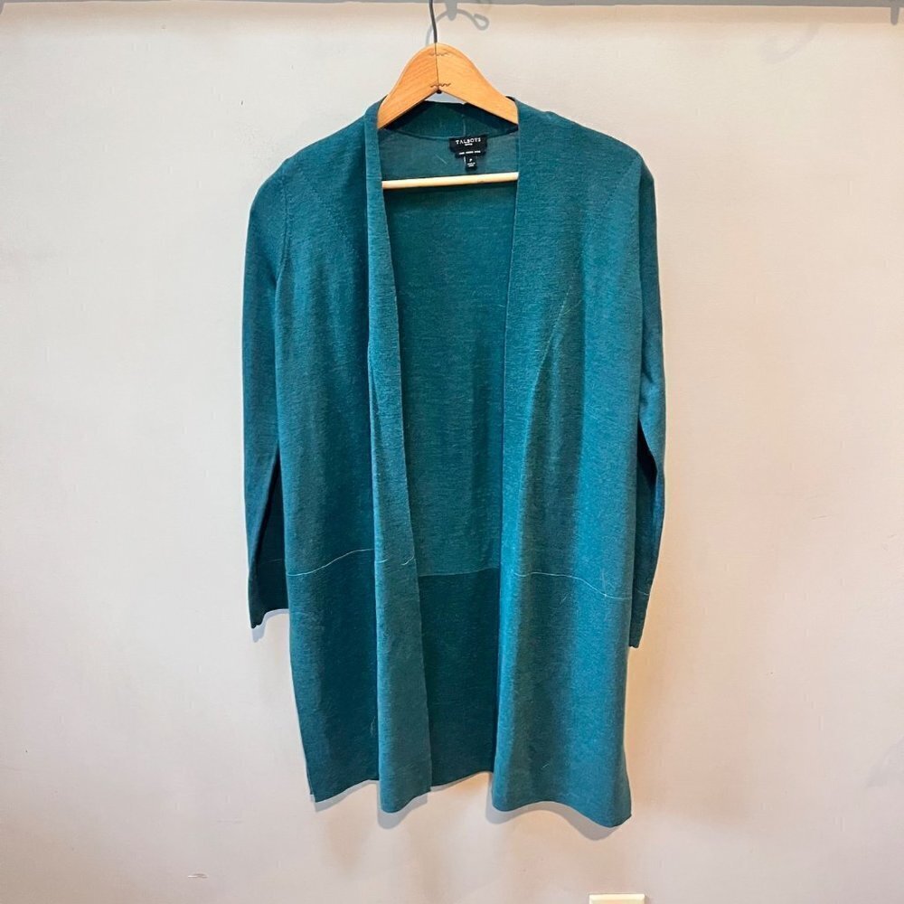Talbots‎ Green 100% Merino Wool Long Line Open Cardigan Sweater- Size Small (P)